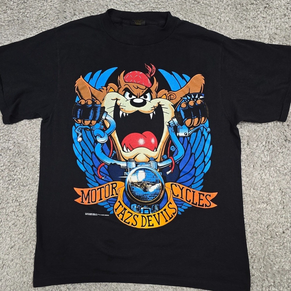 Vintage 90s Taz Looney Tunes Single Stitch Biker Tee Mens Large Black Motorcycle